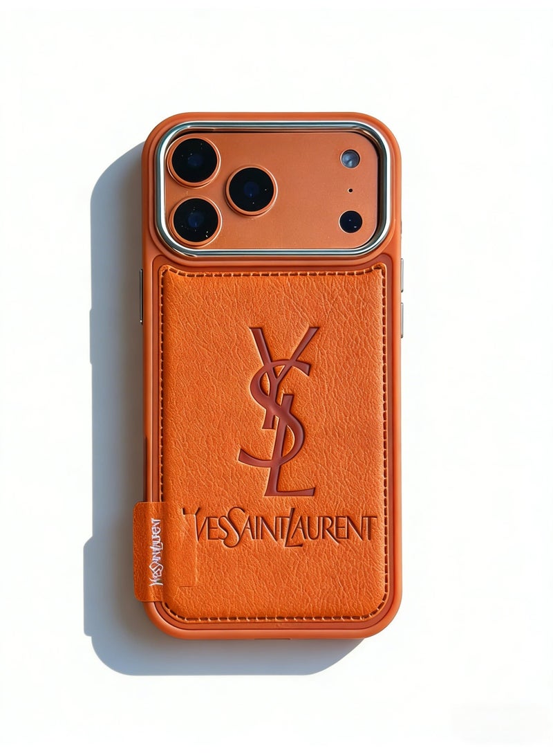 Saint Laurent YSL Orange Leather Protective Case with Card Slot for iPhone 16-17 Pro Max - Image 1